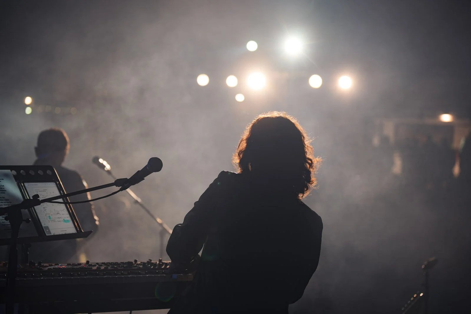 Silhouette eines weiblichen Musikers auf einer Bühne bei einem Konzert, mit verschiedenen Lichtern im Hintergrund und einem Mikrofon, das vor einem Mischpult steht.
