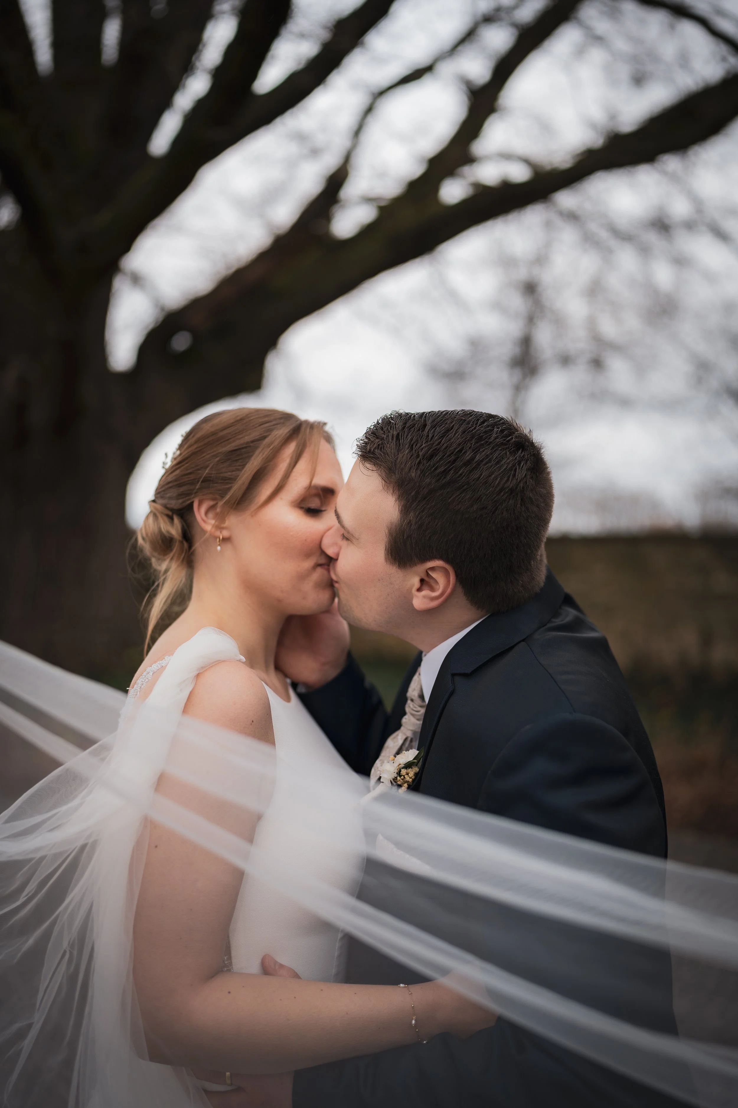 Ein verliebtes Brautpaar küsst sich im Freien bei bewölktem Himmel, umgeben von einem großen Baum ohne Blätter. Das Brautkleid hat ein langes, transparentes Schleier, und das Paar trägt formelle Kleidung.