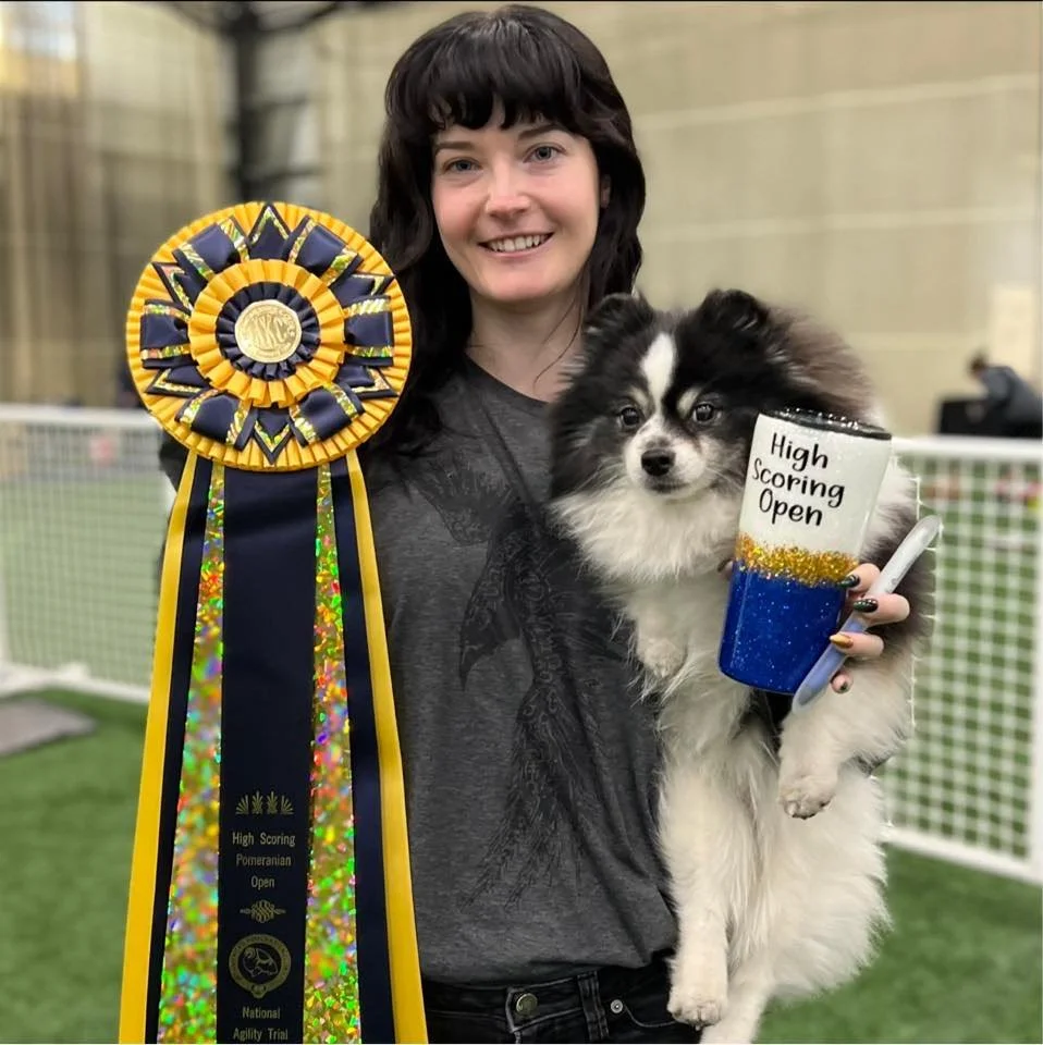 A woman in an indoor soccer field smiles for the camera holding her black and white Pomeranian in her left arm, a pen and coffee cup, while holding a very large purple and gold rosette in her right hand at a dog agility trial.