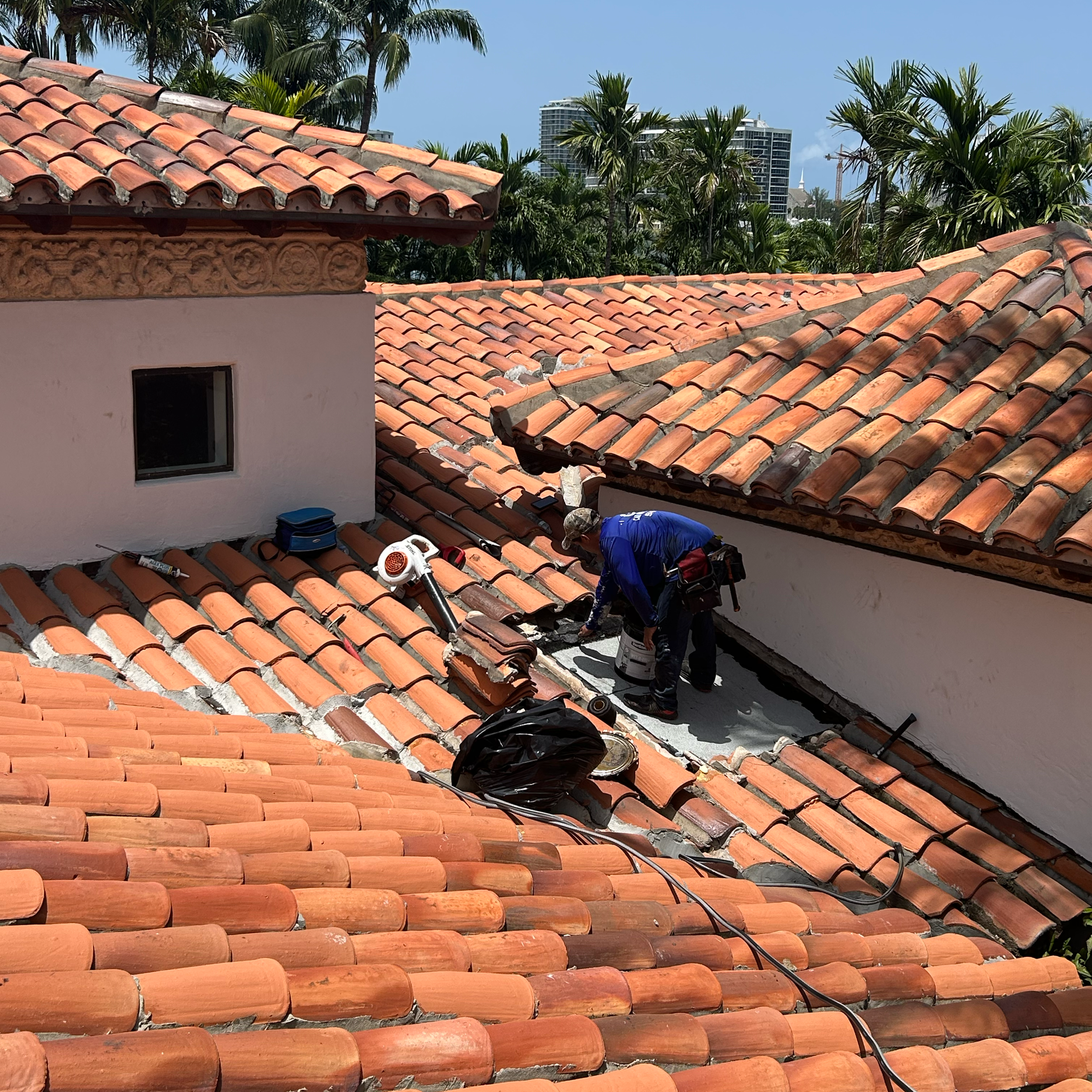 A worker repairs a tiled roof on a building surrounded by palm trees, with modern buildings and a crane in the background.