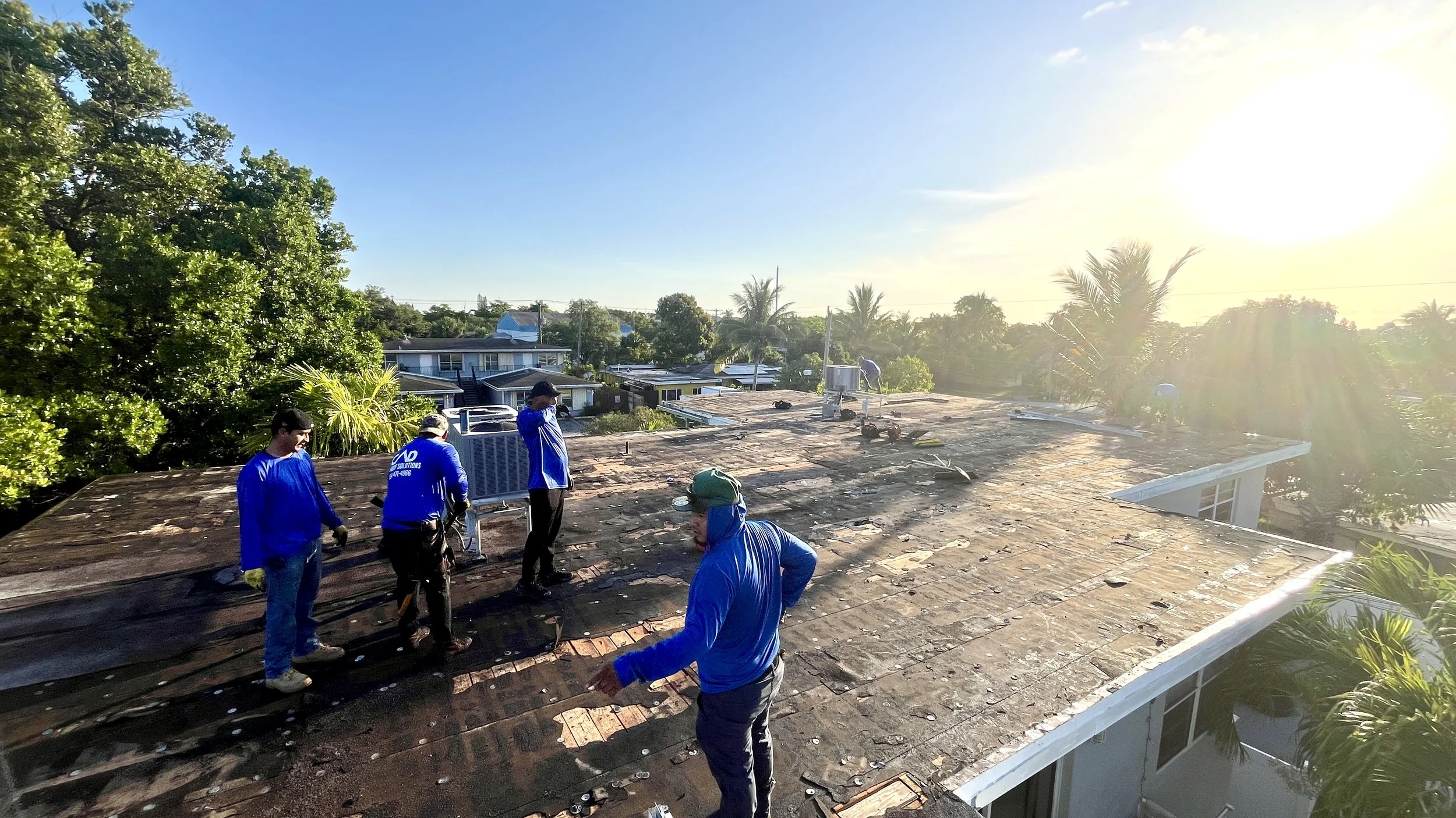 Workers inspecting or repairing a rooftop during sunset, with trees and residential houses in the background.