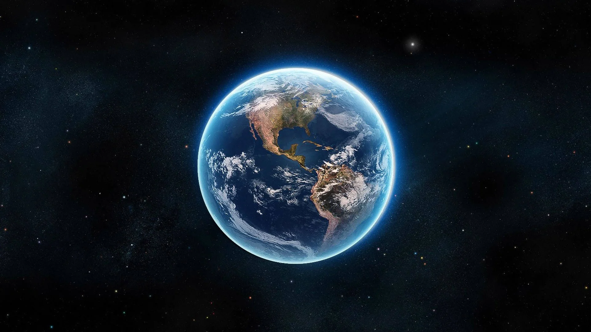 A detailed view of Earth from space, showing North, Central, and South America with visible cloud cover and surrounding stars in the dark universe.