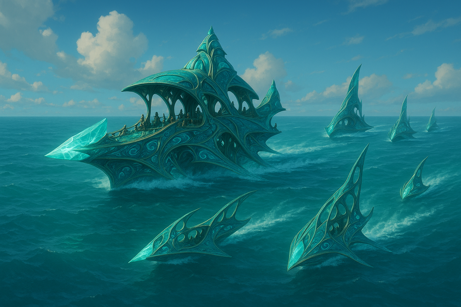 Fantasy scene with large, ornate, turquoise ships sailing on the ocean, featuring curvilinear designs and multiple sails, under a partly cloudy sky.