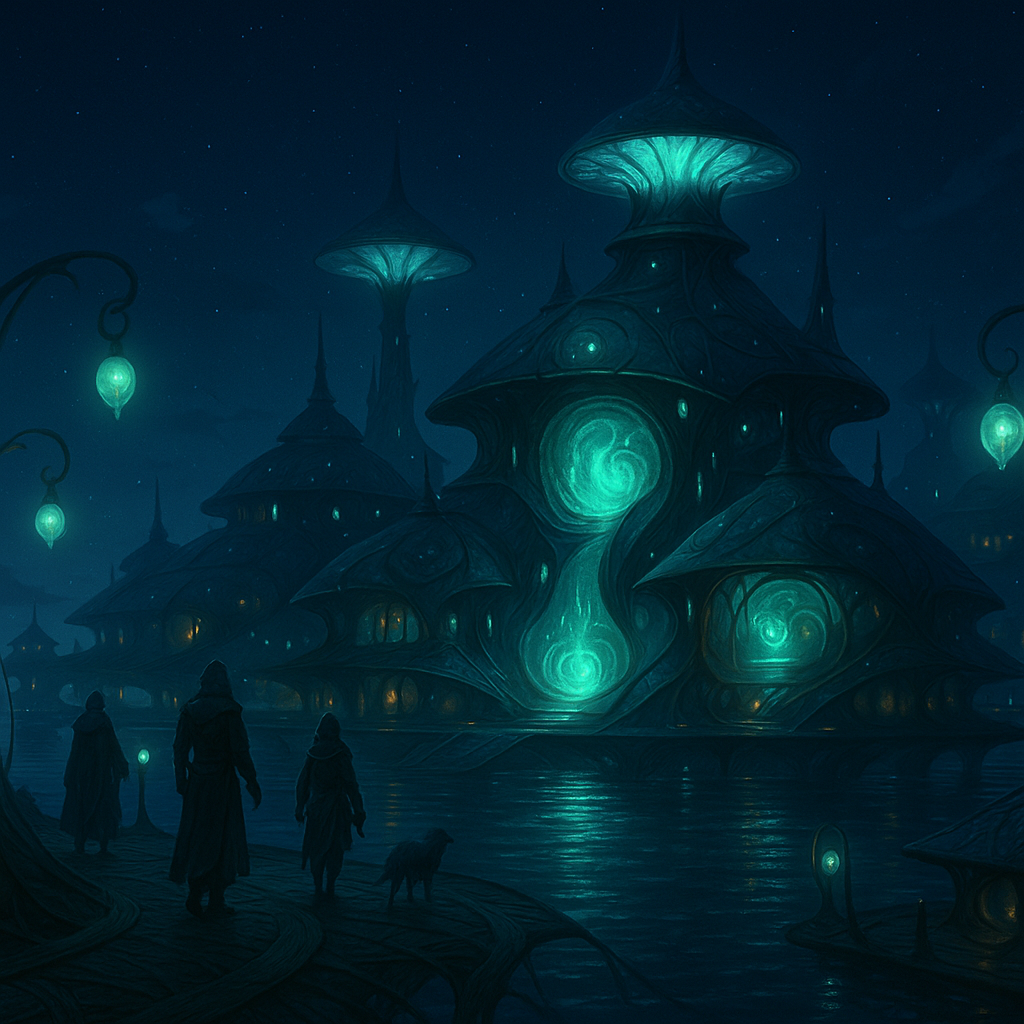 Dark fantasy scene of a mysterious city with glowing teal structures and floating lanterns, featuring three silhouetted figures and a dog by a body of water.