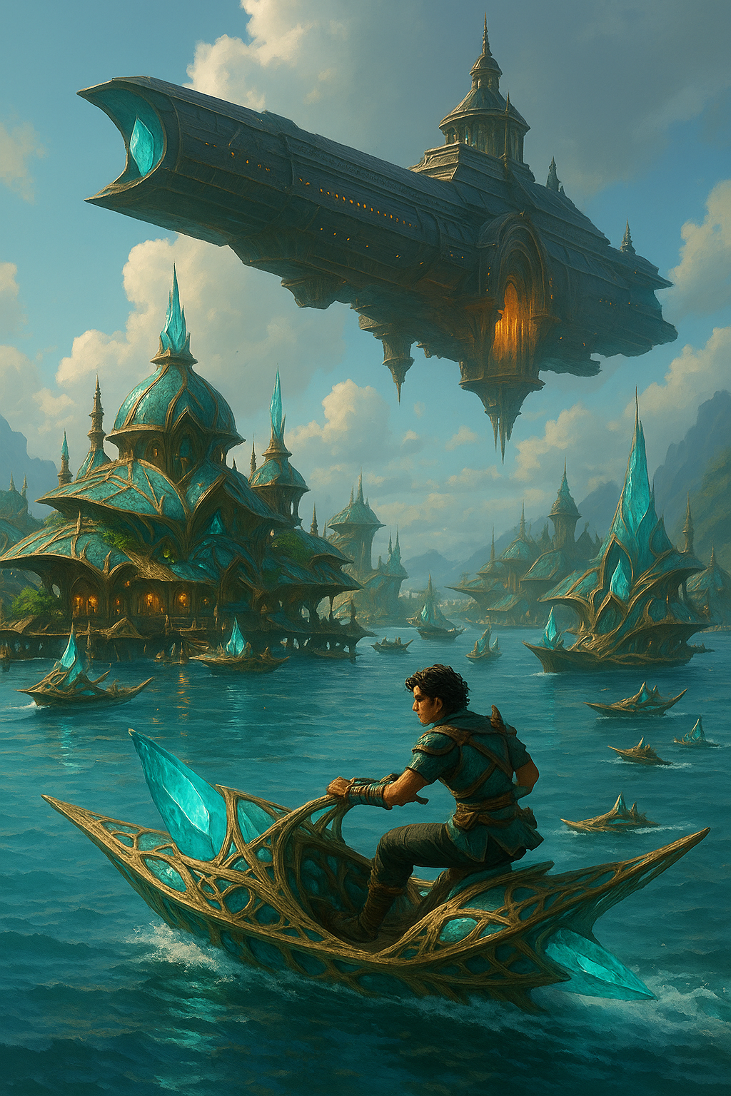 A fantasy scene of a young man riding a boat with ornate golden and blue details on a body of water, surrounded by floating crystal houses with pointed rooftops, and a large floating fortress in the sky.