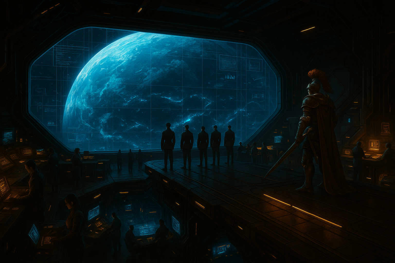 Inside a futuristic spaceship control room with a large window showing Earth from space, with several people in suits and a knight-like figure in armor and a cape observing the view.