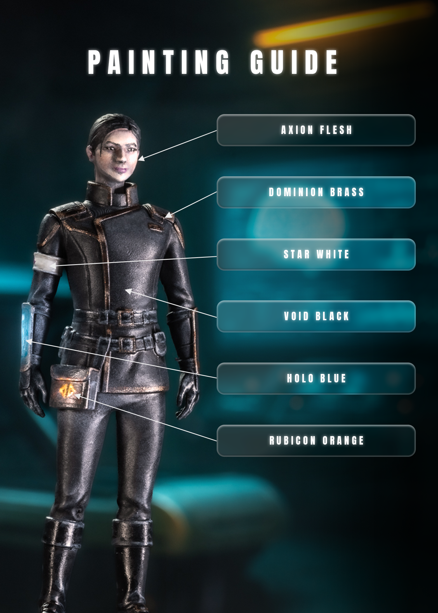 A futuristic illustration of a female character in a black armor suit with labels pointing to different parts, including Axion Flesh, Dominion Brass, Star White, Void Black, Holo Blue, and Rubicon Orange.