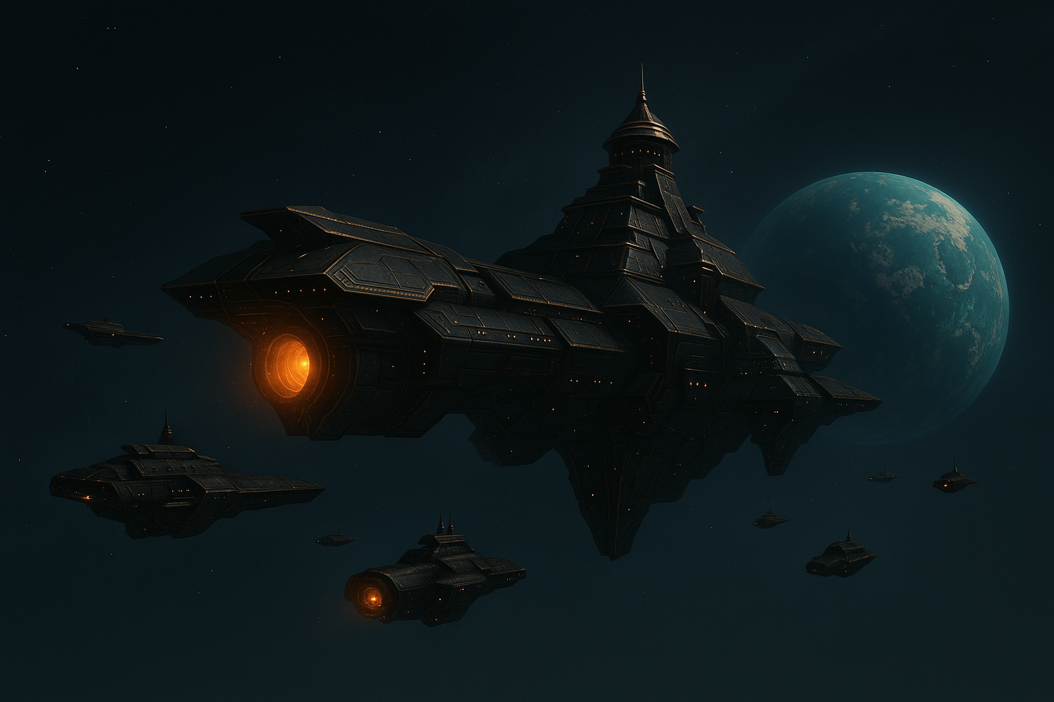 A large spaceship with smaller ships nearby, set against a dark starry sky with a view of a planet in the background.