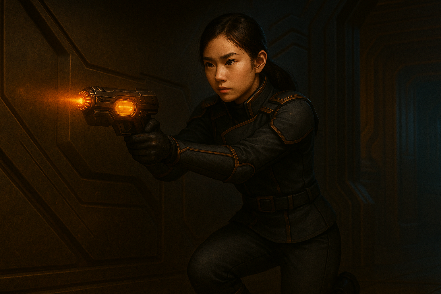 A woman in a black tactical suit aiming a sci-fi gun in a futuristic hallway.