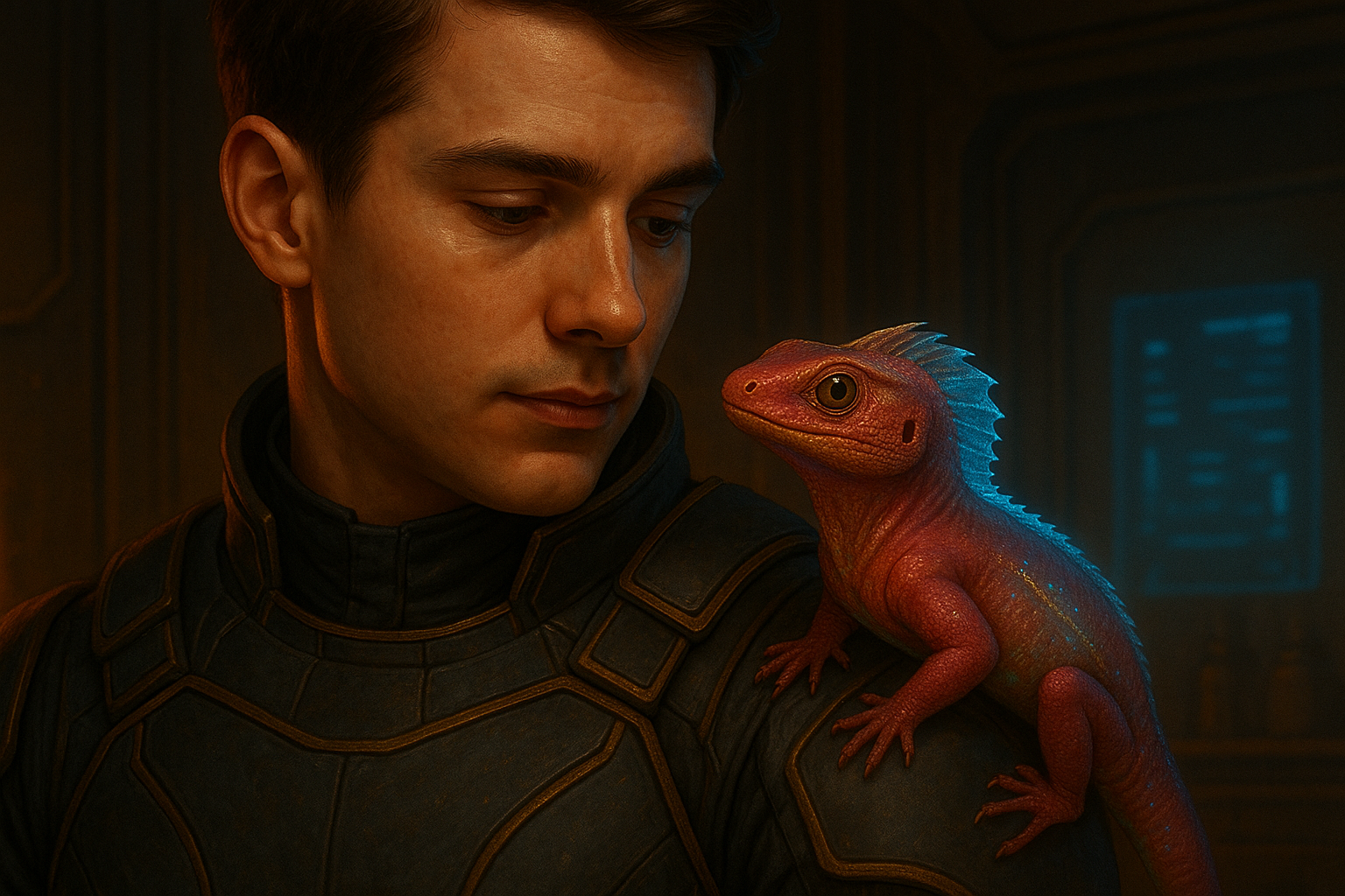 A man in a dark spacesuit with a high collar looks down at a small, colorful lizard perched on his shoulder.