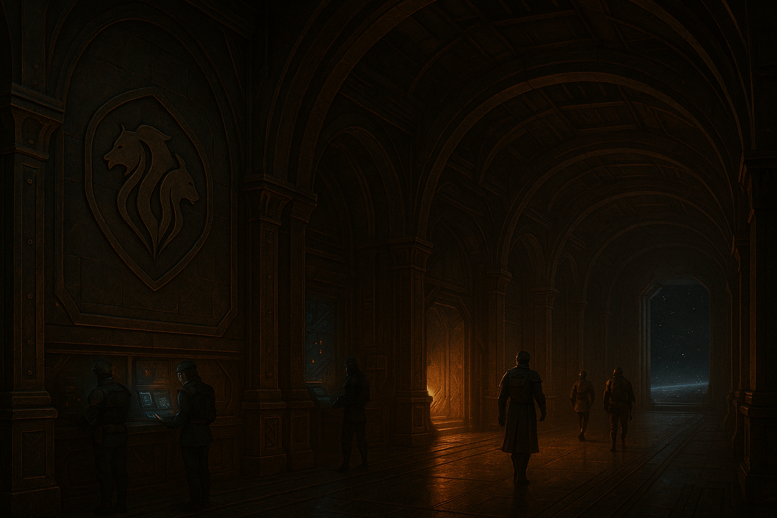 A dark, futuristic corridor with high, arched ceilings. Several people are standing at computer terminals along the wall, illuminated by a warm orange glow. There is a large emblem of a lion's head on the wall, and an open, starry sky visible at the 