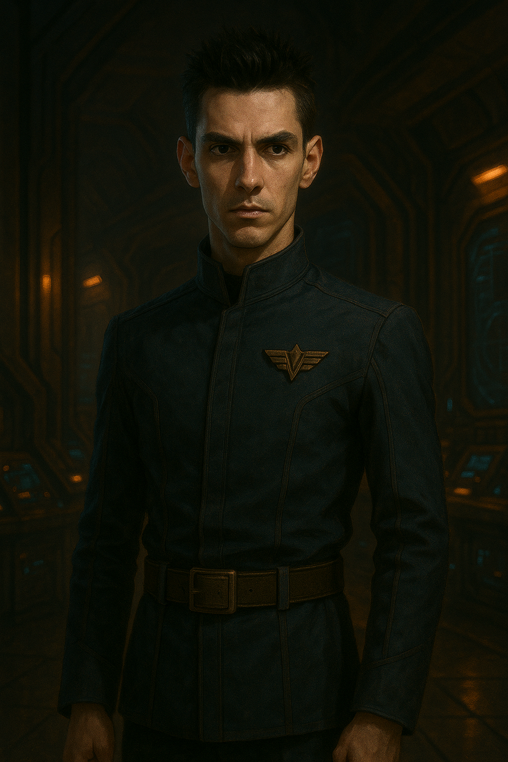 A man in a black military-style uniform, standing in a dimly lit, high-tech environment. The uniform has a gold insignia on the chest and a belt. The background features intricate, glowing machinery or panels.