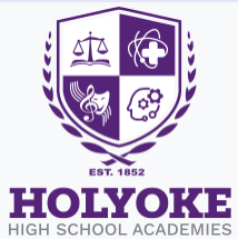 Logo of Holyoke High School Academies featuring shield with symbols for law, health, arts, and science