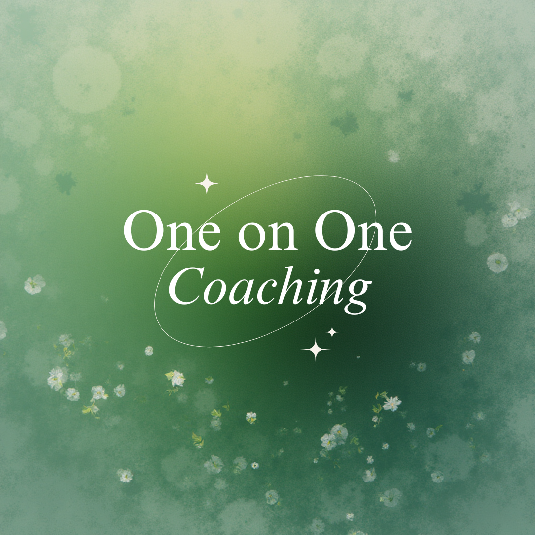 Green background with white flowers and sparkles, text reads 'One on One Coaching'.