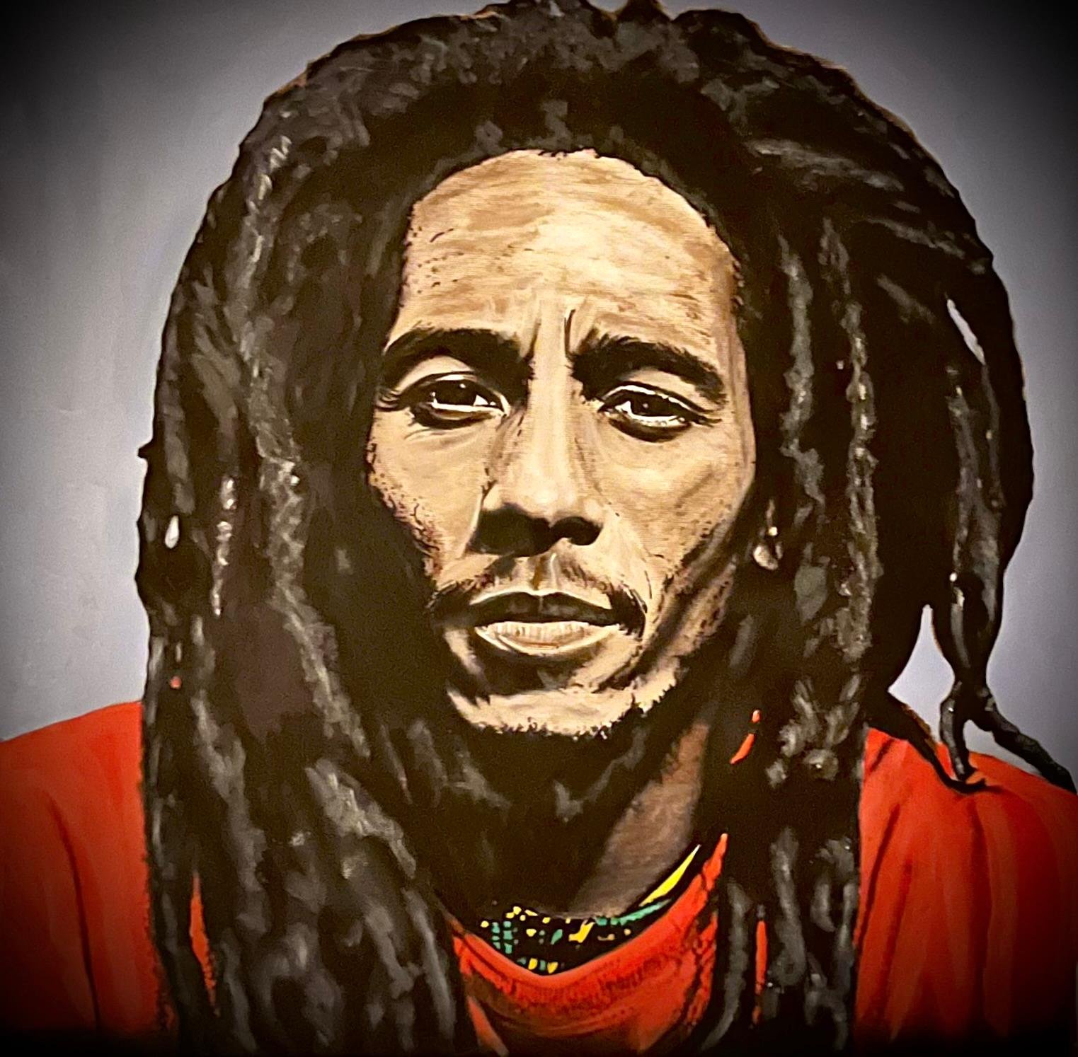 A painting of a man with dreadlocks wearing a red shirt and a necklace.