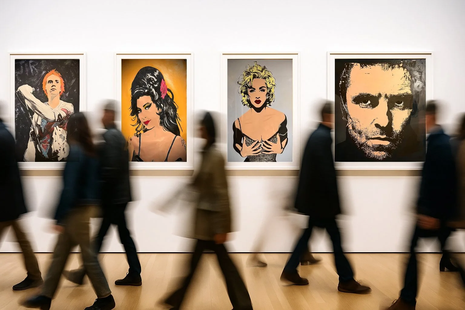 People walking past four large pop art portraits of famous celebrities displayed on a gallery wall.