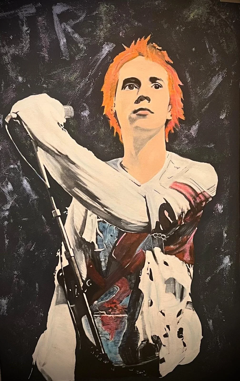 Painting of a young person with orange, spiky hair, wearing a white shirt and holding a microphone, with a dark background.