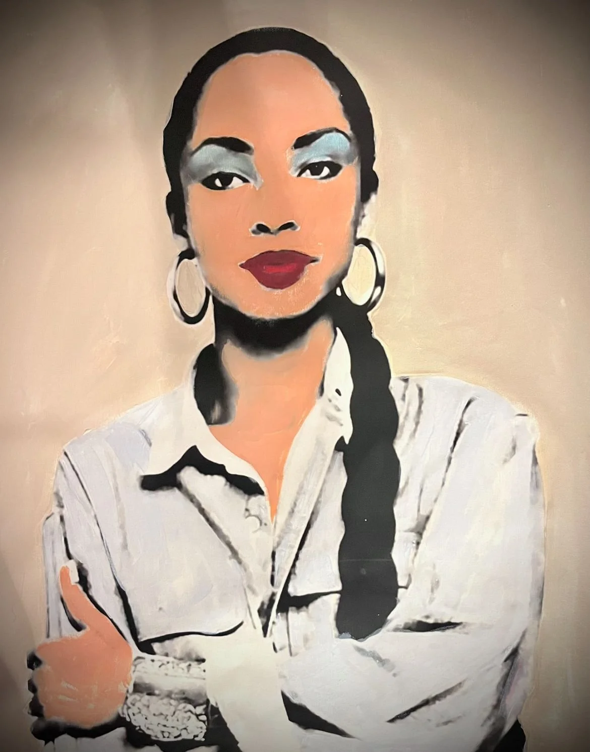 Stylized digital portrait of a woman with dark hair in a braid, wearing hoop earrings, bold makeup with blue eyeshadow, red lipstick, a white shirt, and a bracelet.