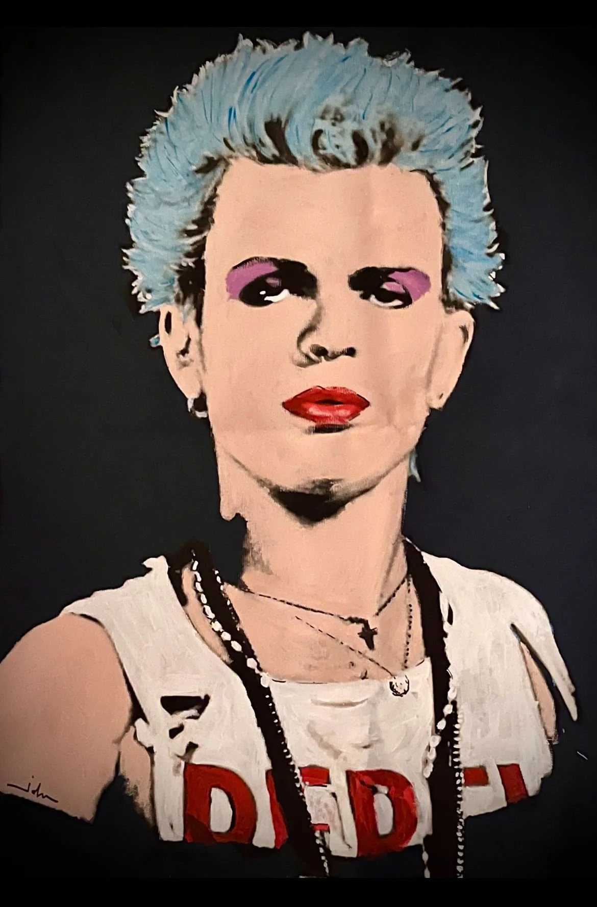 A stylized portrait of a woman with short, spiky, greyish-blue hair, wearing bold makeup with pink eyeshadow and red lipstick, dressed in a white top with red lettering, layered necklaces, and an earring.