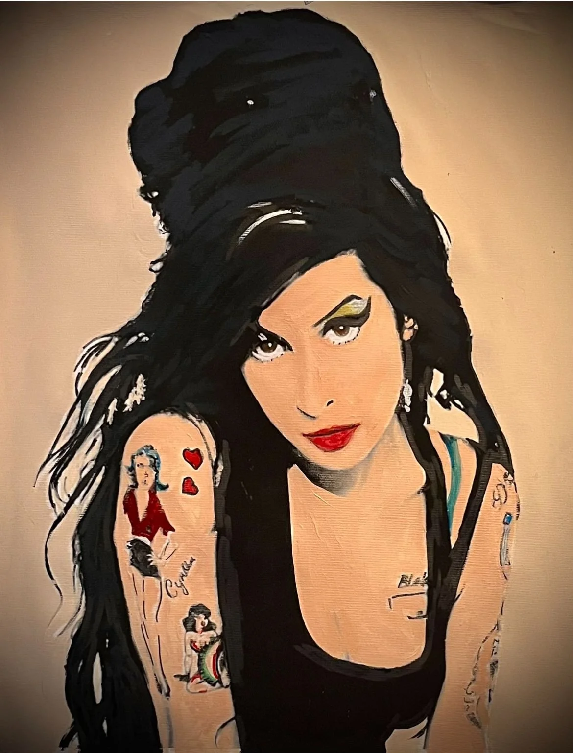 A painting of a woman with long dark hair, red lipstick, and tattoos on her arms, wearing a black top with a teal strap.
