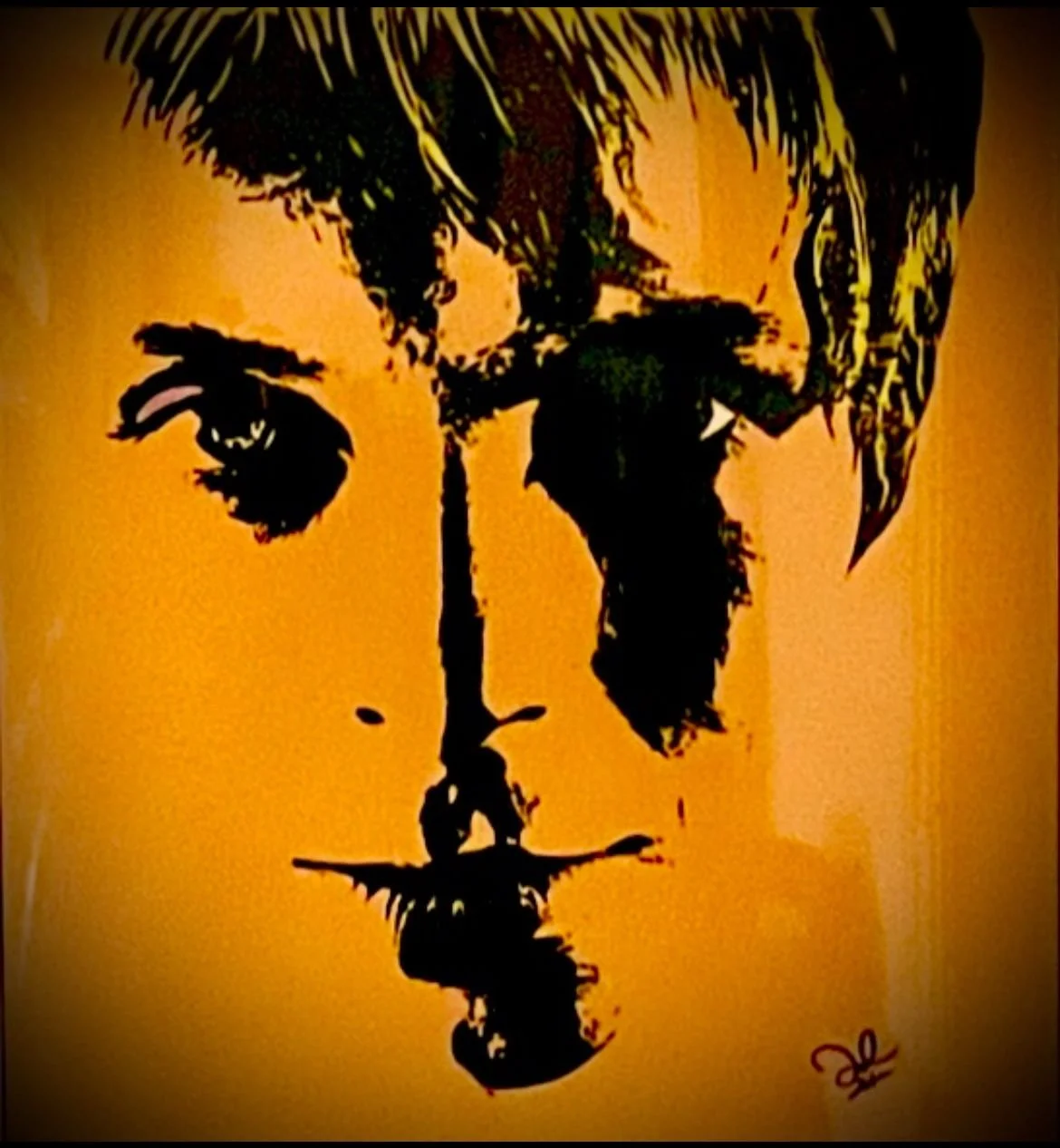 A stylized portrait of a woman with short hair, painted in black on an orange background, with a signature at the bottom right.