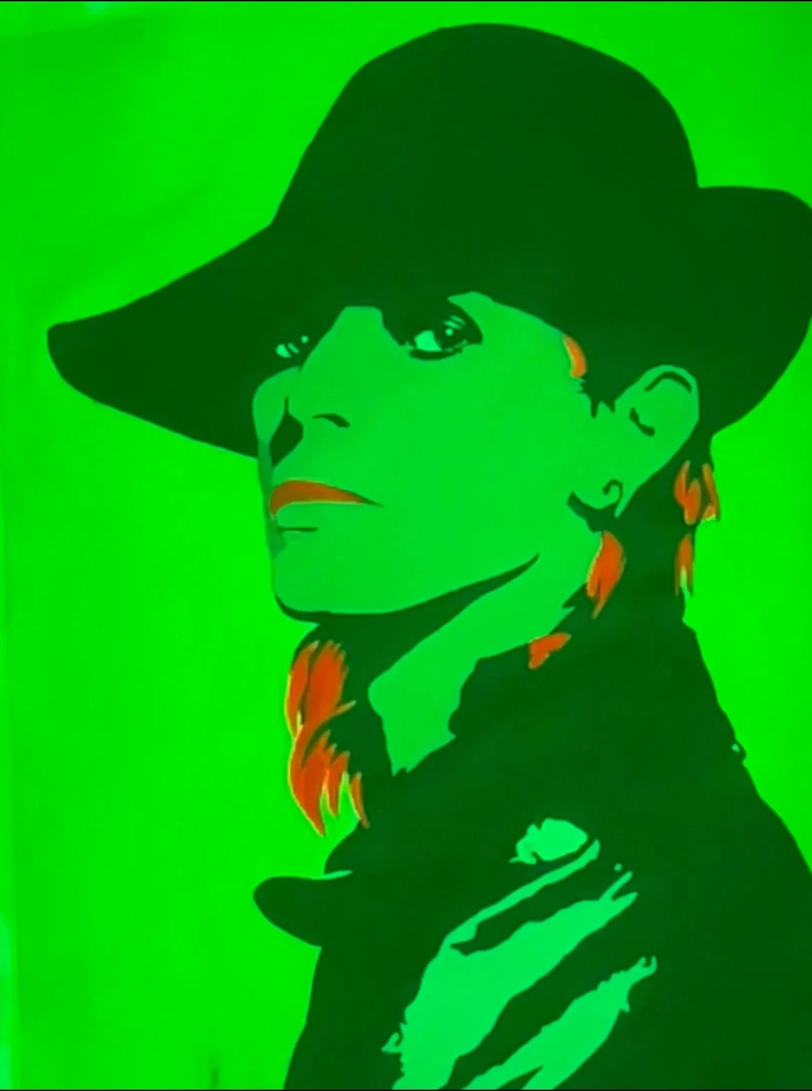 Digital artwork of a woman wearing a large black hat with a wide brim, against a bright green background. She has dark hair with orange tips, earrings, and a confident expression.