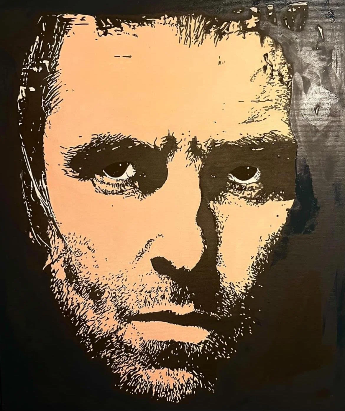 Black and white stencil-style portrait of a man's face with intense expression, slightly unshaven, with short hair, high cheekbones, and piercing eyes.