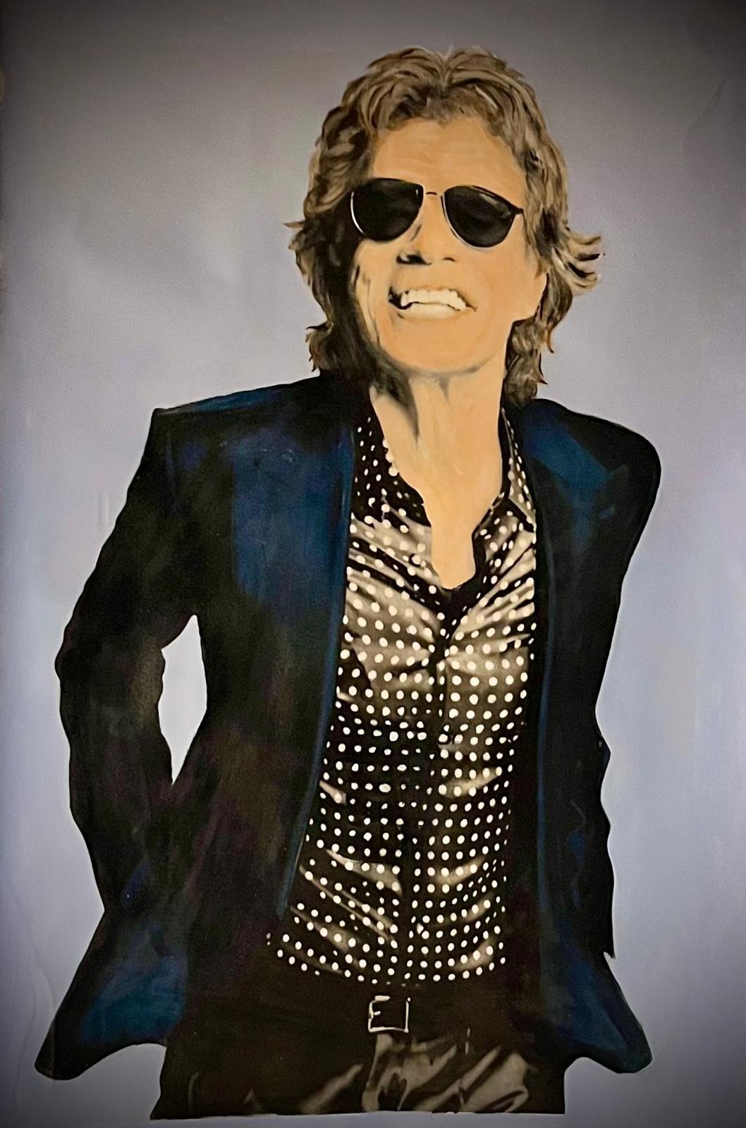 Painted portrait of a man with shoulder-length wavy hair, wearing black sunglasses, a dark blazer, and a polka dot shirt, smiling confidently.