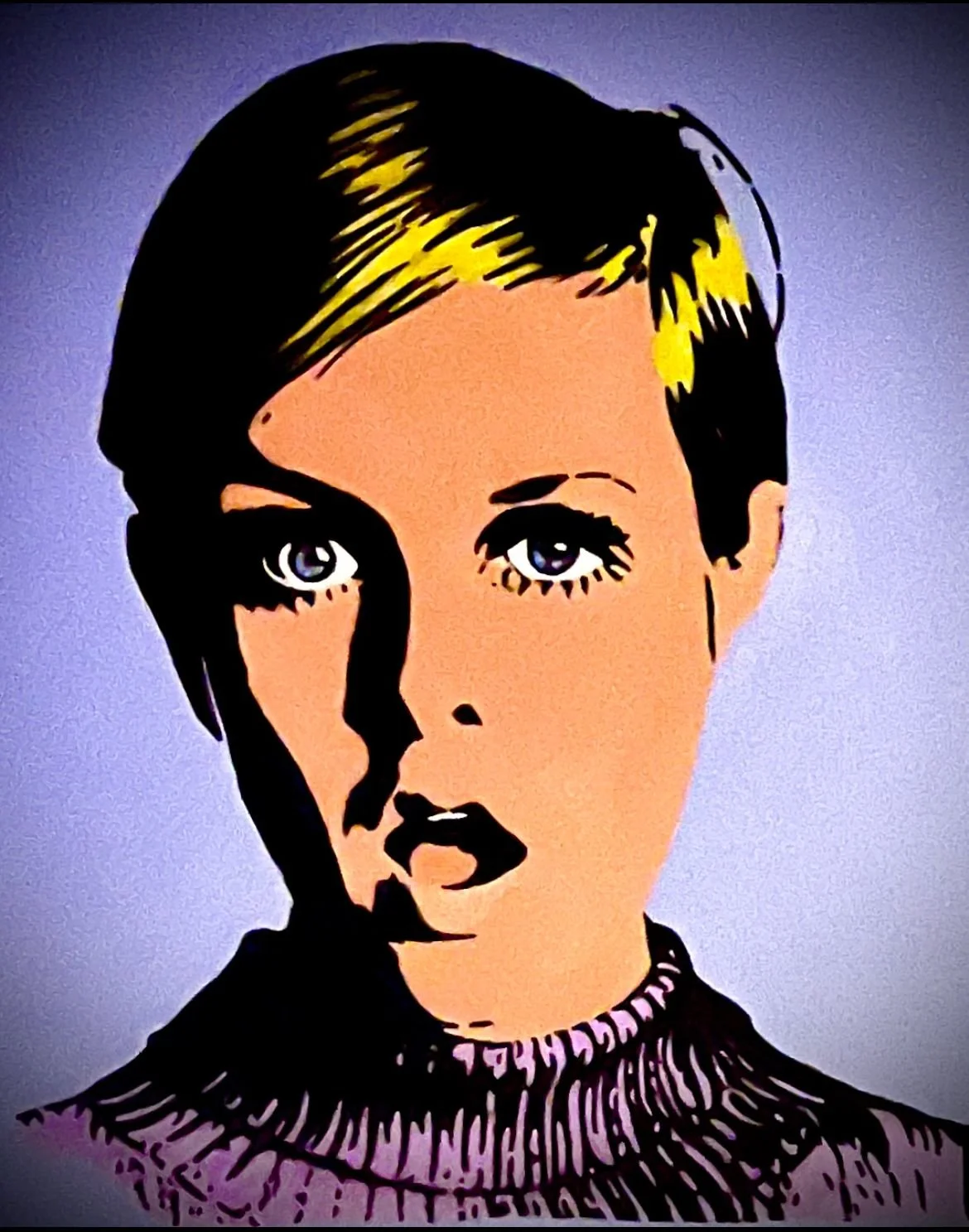 Pop art portrait of a woman with short dark hair and blue eyes wearing a high-necked patterned top.