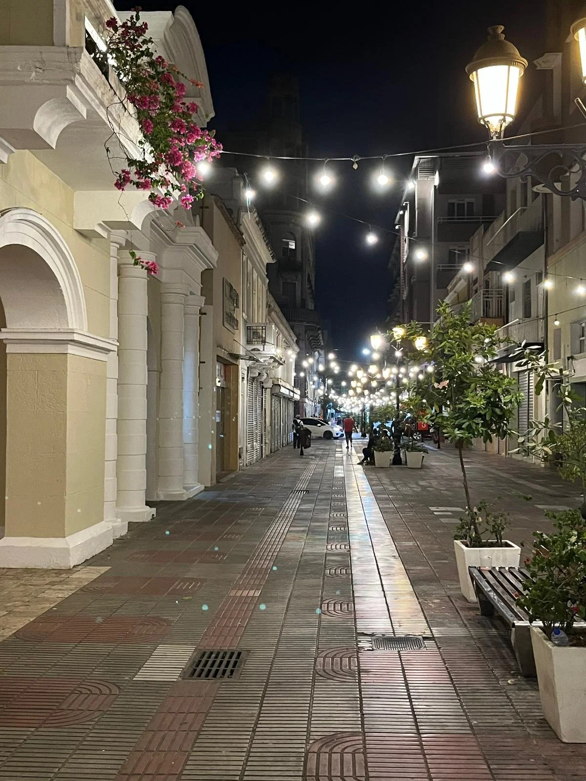 Una calle peatonal con farolas y luces colgantes, líneas de edificios con balcones y plantas en macetas, algunas personas y autos en el fondo, de noche.