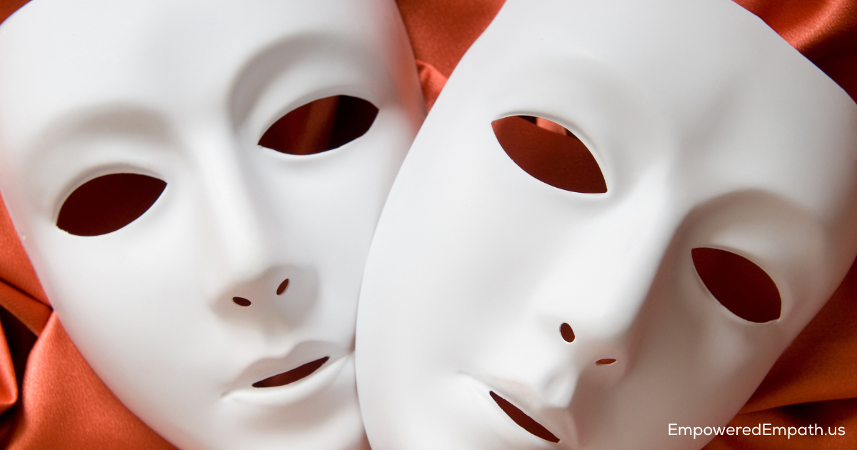 Two theater masks representing the false personas and scripted behavior of narcissists