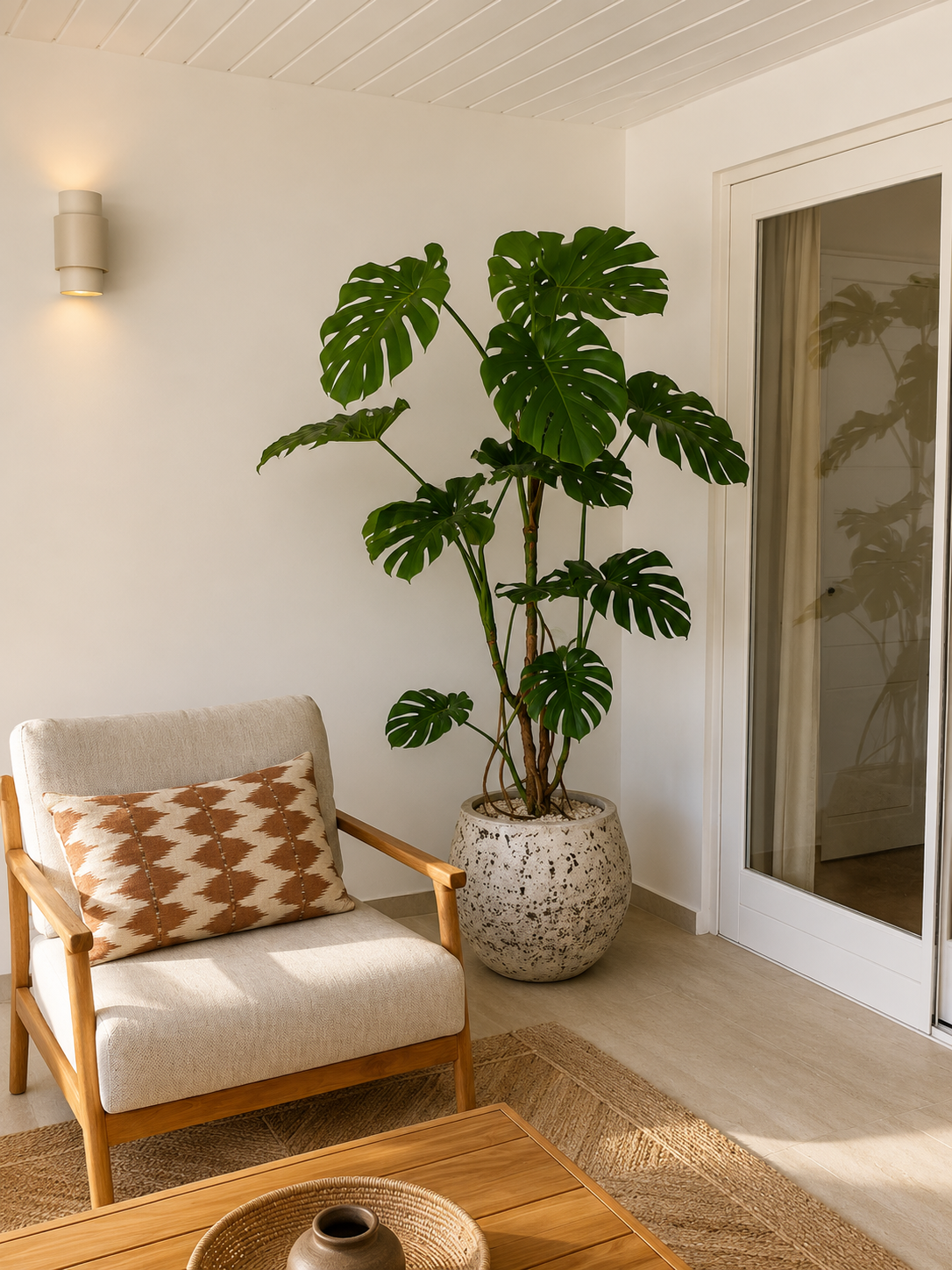 A large potted monstera plant in a cozy interior corner, next to a beige armchair with a decorative pillow, a wooden coffee table with a ceramic vase, and a wall-mounted light fixture.