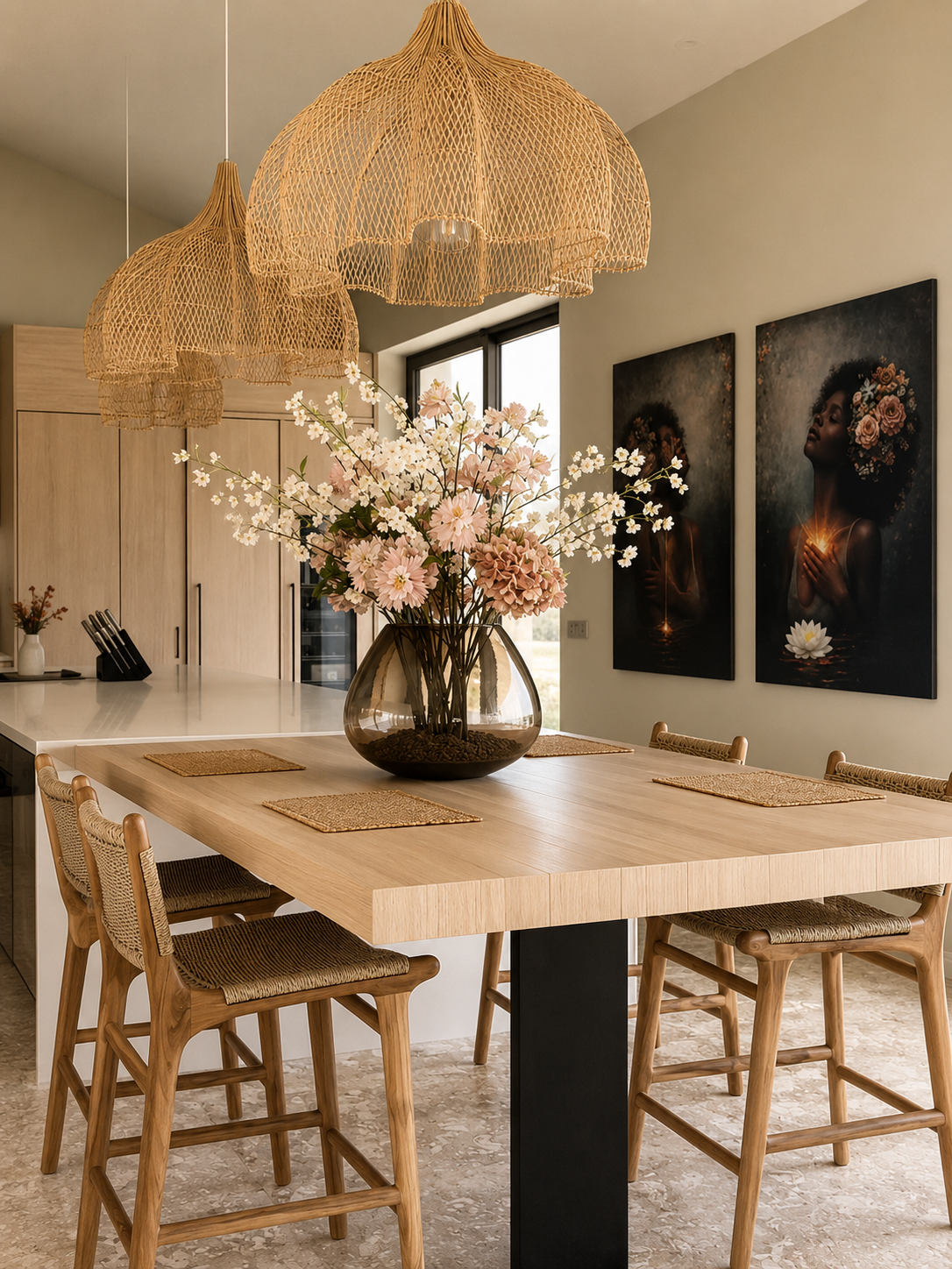 Modern dining room with a wooden table, four rattan chairs, a large glass vase with pink and white flowers, woven pendant lights, and artwork of women with floral headpieces on the wall.