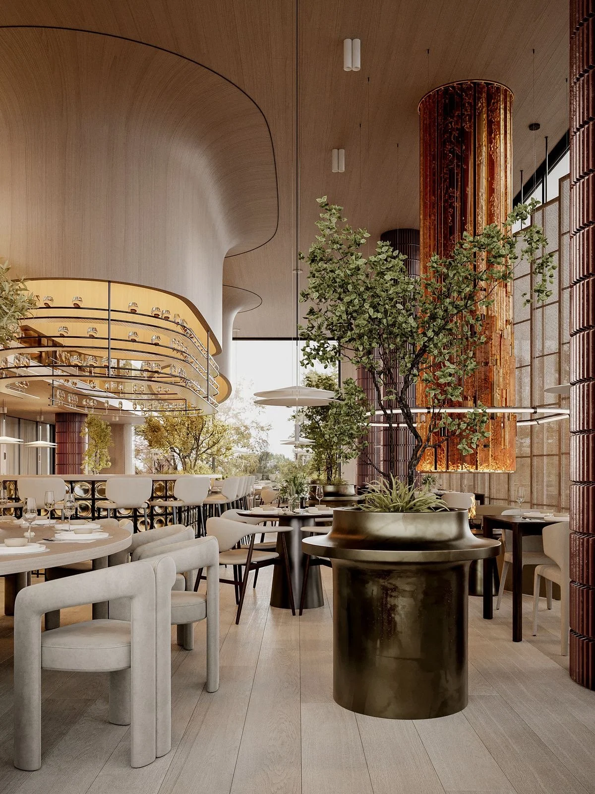 Modern restaurant interior with wooden ceiling, green plants in large decorative pots, white chairs around tables set for dining, and large windows letting in natural light.