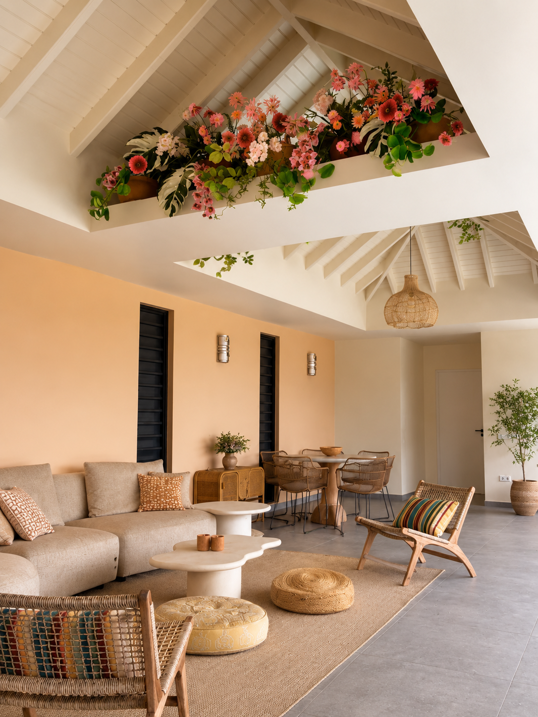Living room with beige sofa, patterned throw pillows, wicker chairs, round coffee tables, potted plants, and flowers above in the ceiling opening, with beige and earth-tone decor.