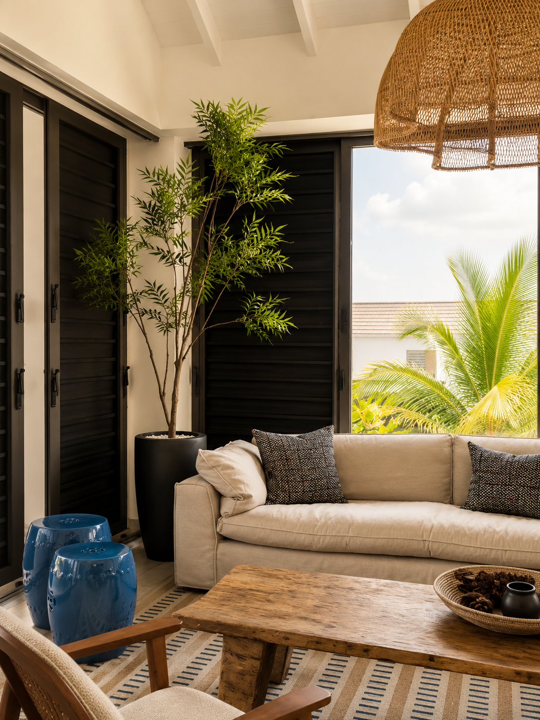 Living room with a white sofa, black and white pillows, a large potted plant, two blue ceramic stools, a rustic wooden coffee table, and black shutters on the windows, overlooking tropical greenery outside.