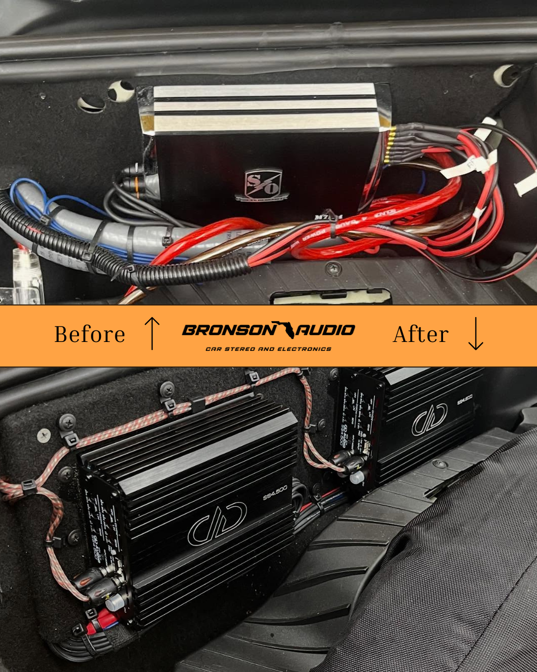 Comparison of car stereo and electronics setup before and after upgrade, showing wiring and amplifier installation in a car trunk. Clean install Porsche wiring upgrade. sound system rescue. audio clean up. speaker wiring upgrade
