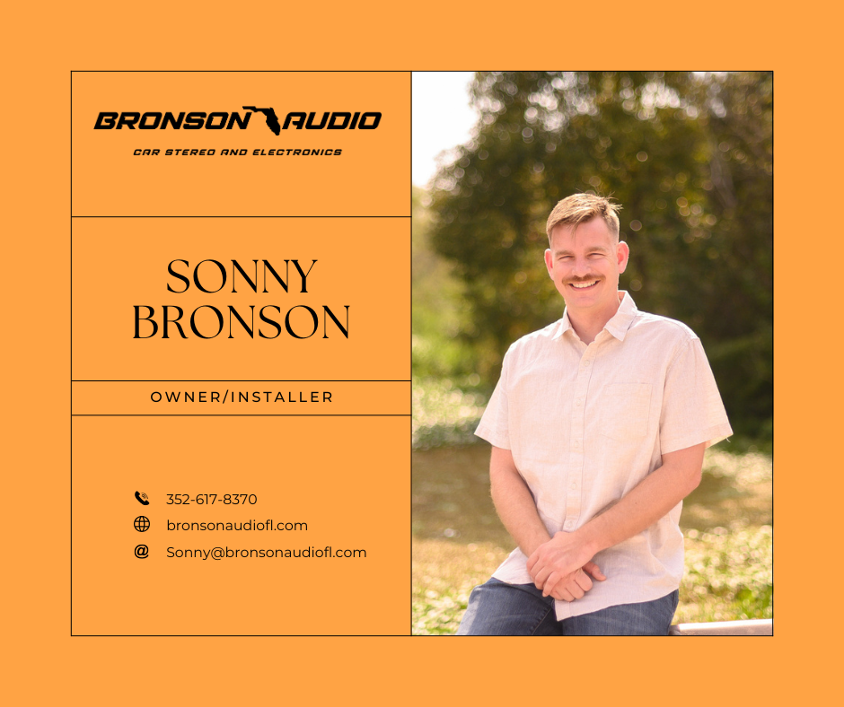 Bronson Audio featuring Sonny Bronson's title as business owner and installer.  Serving Lake County, Florida. Expert car audio installs serving Clermont, Eustis, The Villages, Fruitland Park, Leesburg, Tavares, Mount Dora, Apopka. Stereo shop near me