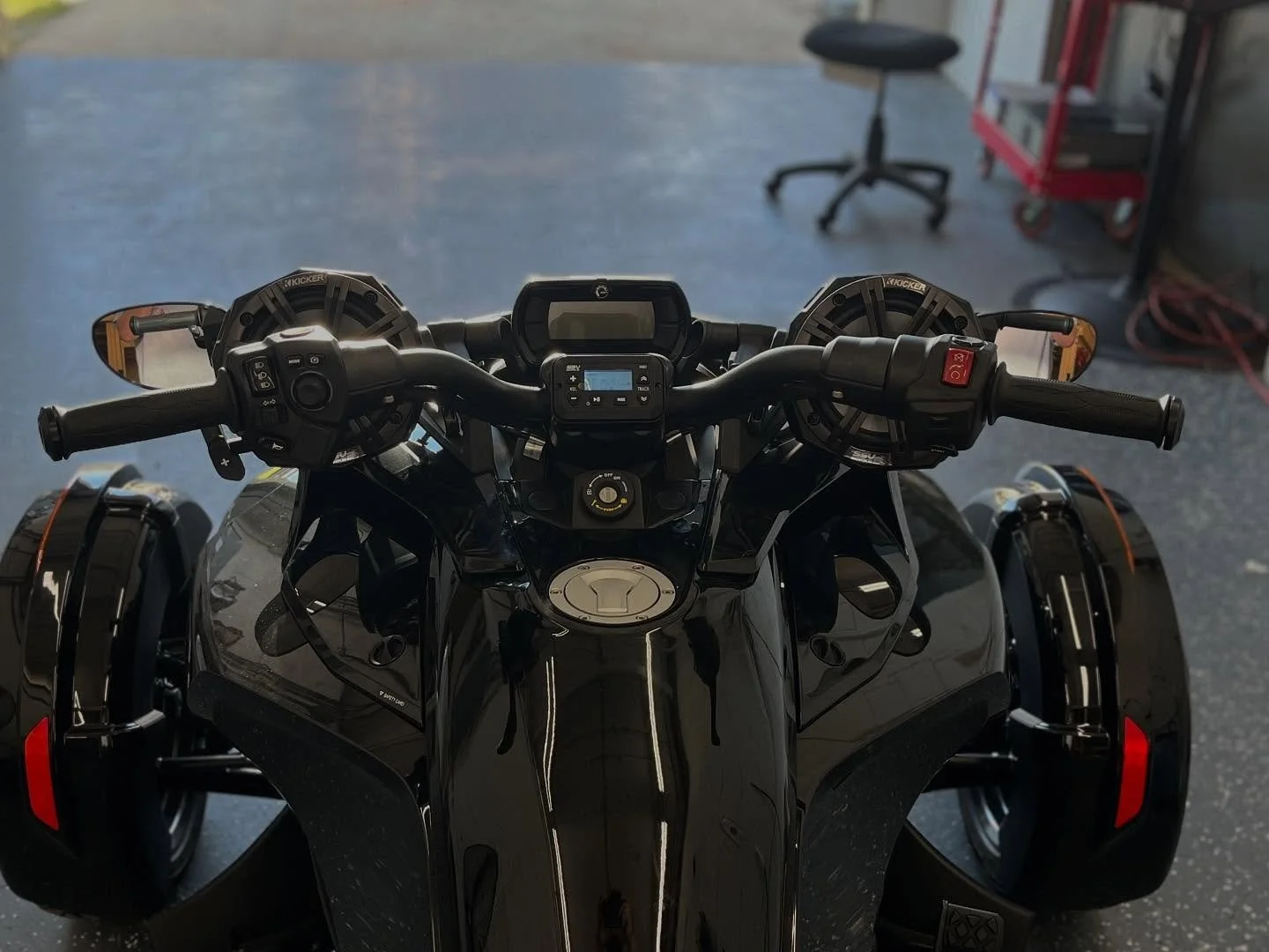 Close-up of SSV Works speaker kit with Kicker Audio component speakers installed on a Can-Am Spyder at Bronson Audio located in Tavares, FL
