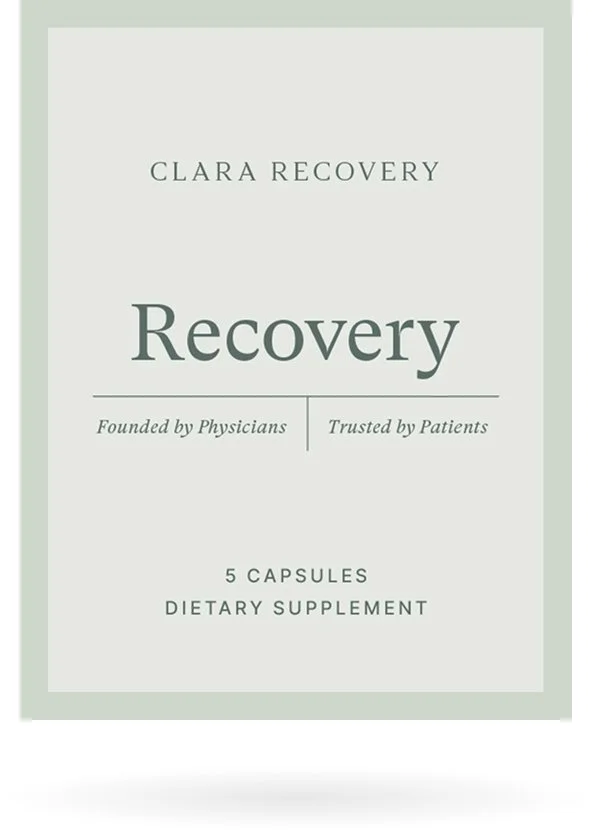 A bottle label for Clara Recovery dietary supplement with 5 capsules, promoting recovery by physicians and trusted by patients.