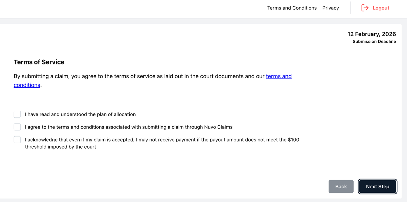 Online claim submission form displaying terms of service, checkboxes, and a Next Step button.