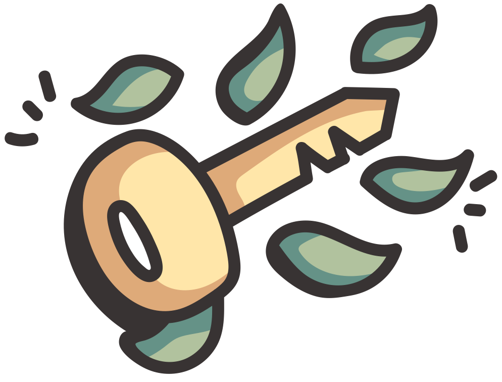 Cartoon illustration of a wooden key with several green leaves around it.