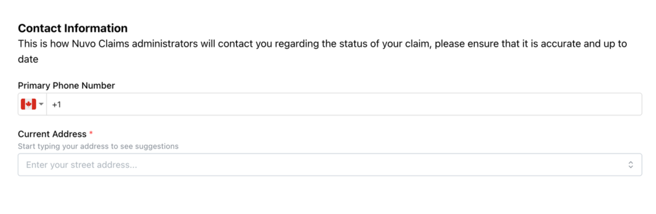 Screenshot of a contact information form with fields for phone number and address, including an option to select a country flag and entering the street address.