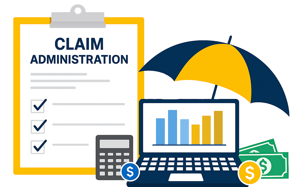 Illustration of claim administration with a clipboard, bar chart on a laptop under a yellow and navy umbrella, calculator, and money.