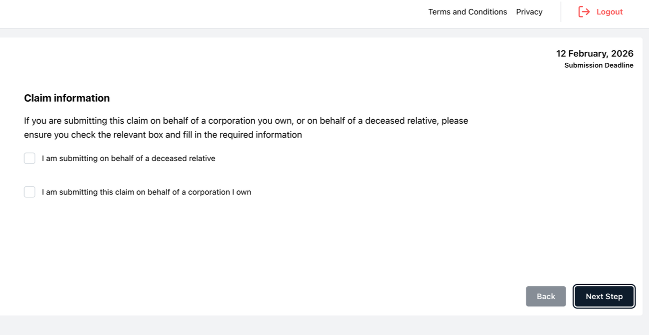 Online tax or claim submission form with section titled 'Claim information', offering options to specify if submitting on behalf of a deceased relative or a corporation, with 'Next Step' and 'Back' buttons.