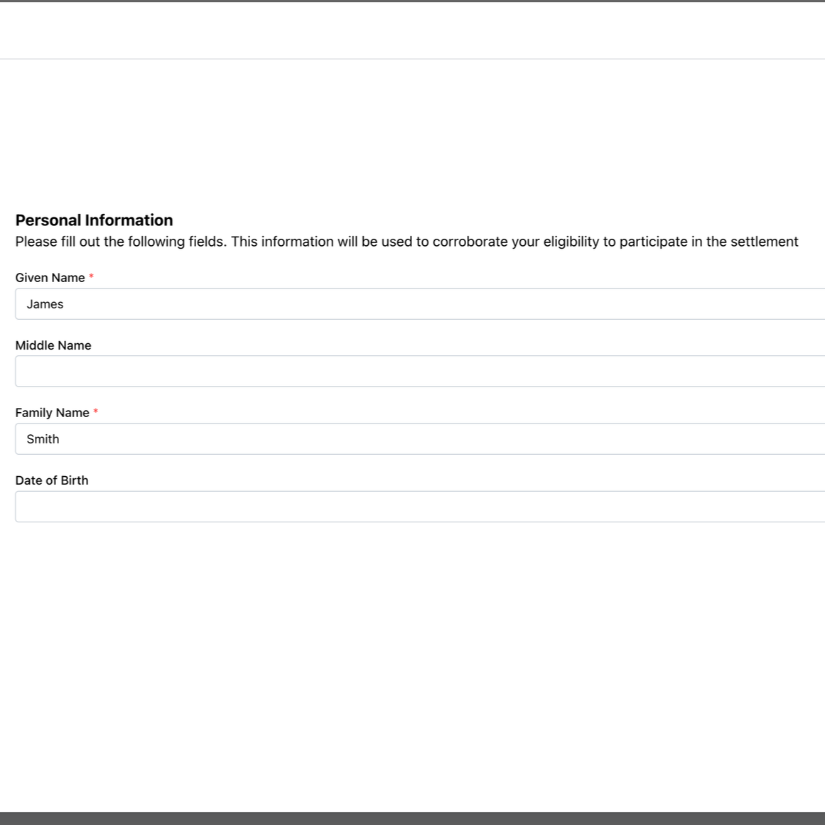 Online form titled Personal Information with fields for Given Name, Middle Name, Family Name, and Date of Birth, with sample entries filled in.