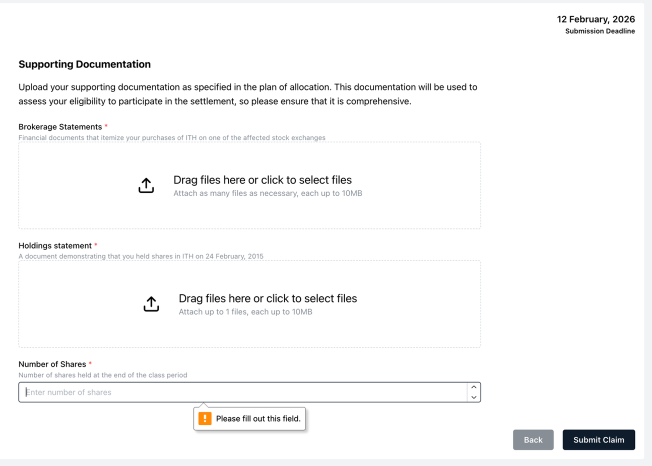 Online form for submitting supporting documentation for brokerage statements, holdings, and number of shares, with fields to upload files and enter share count, dated February 12, 2026.