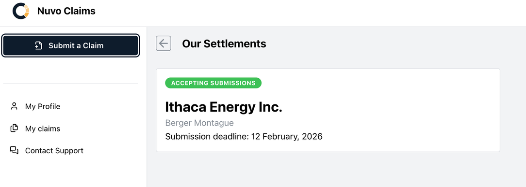 Screenshot of Nuvo Claims webpage showing 'Our Settlements' with Ithaca Energy Inc. submitted by Berger Montague, deadline February 12, 2026, and a button to submit a claim.
