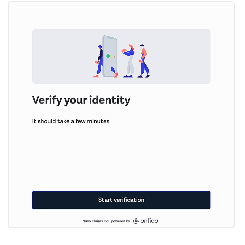 Screenshot of a mobile app interface for identity verification, showing three animated figures using mobile devices, with the text 'Verify your identity' and a button labeled 'Start verification'.