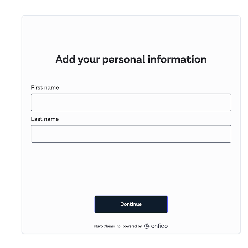 Online form asking for first and last name with a 'Continue' button, powered by Onfido.